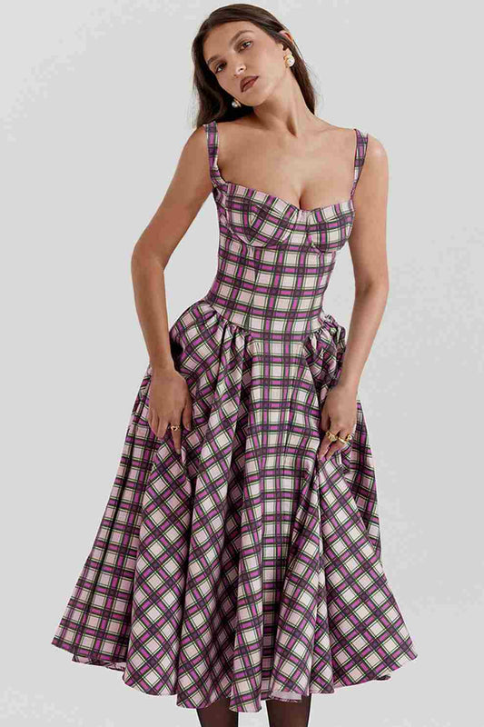 Vintage ruitjespatroon zomerjurk met bloemendruk in zwart

